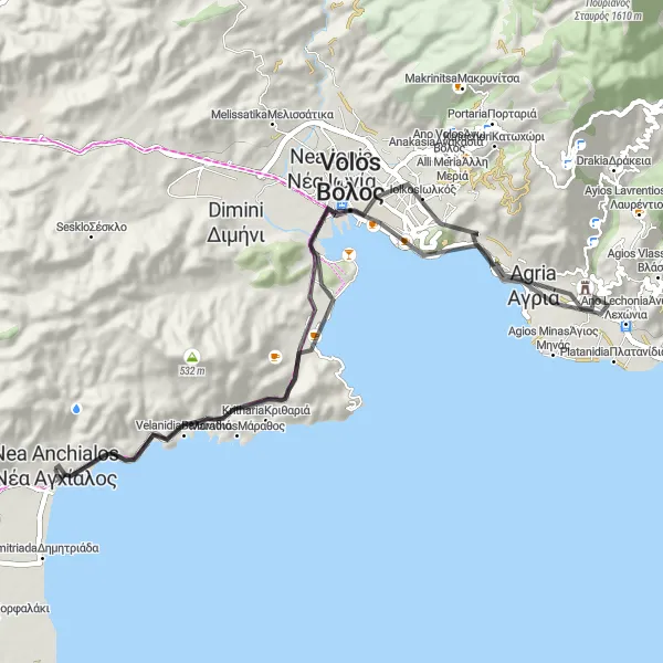 Map miniature of "Coastal Views and Charming Villages" cycling inspiration in Thessalia, Greece. Generated by Tarmacs.app cycling route planner