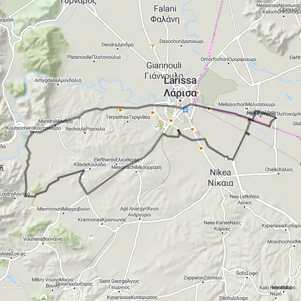 Map miniature of "Coastal Ride to Larissa" cycling inspiration in Thessalia, Greece. Generated by Tarmacs.app cycling route planner