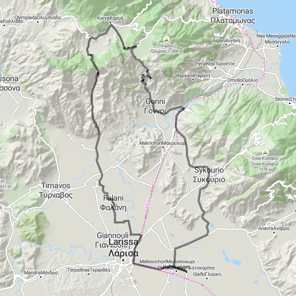 Map miniature of "The Ultimate Mountain Challenge" cycling inspiration in Thessalia, Greece. Generated by Tarmacs.app cycling route planner