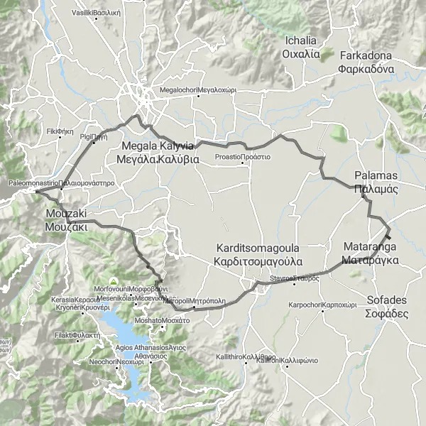 Map miniature of "Pyli - Karditsa - Giorgios Karaiskakis" cycling inspiration in Thessalia, Greece. Generated by Tarmacs.app cycling route planner