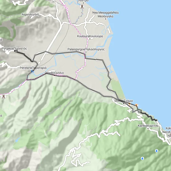 Map miniature of "Coastal Ride to Παλαιόπυργος" cycling inspiration in Thessalia, Greece. Generated by Tarmacs.app cycling route planner