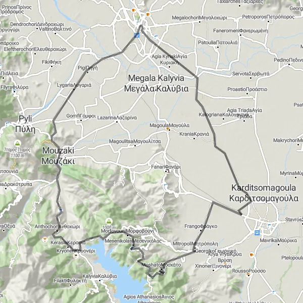 Map miniature of "Trikala to Artesiano Loop" cycling inspiration in Thessalia, Greece. Generated by Tarmacs.app cycling route planner