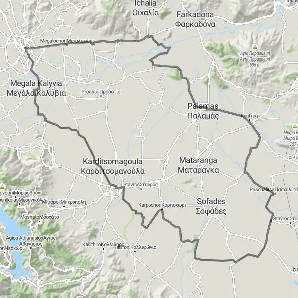 Map miniature of "Trikala to Karditsa Loop" cycling inspiration in Thessalia, Greece. Generated by Tarmacs.app cycling route planner