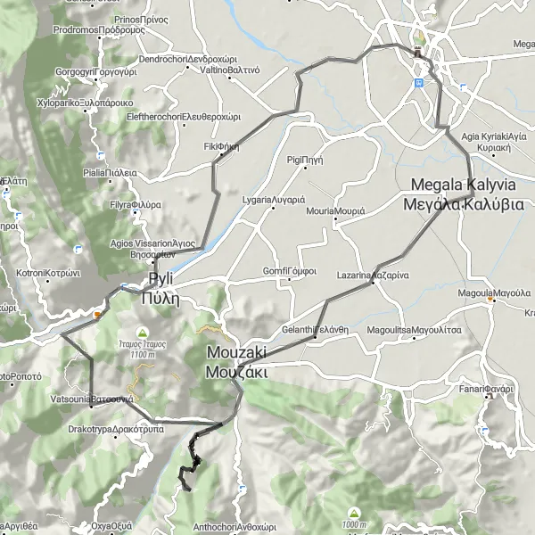 Map miniature of "Trikala Castle and Trygona Loop" cycling inspiration in Thessalia, Greece. Generated by Tarmacs.app cycling route planner