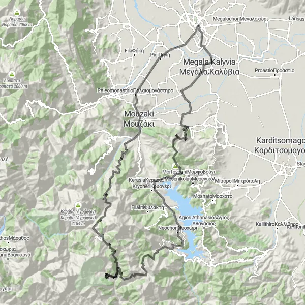 Map miniature of "Trikala Loop via Kappa and Belokomiti" cycling inspiration in Thessalia, Greece. Generated by Tarmacs.app cycling route planner