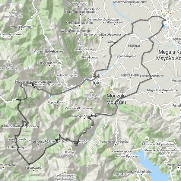 Map miniature of "Mouzaki and Drakotrypa Loop" cycling inspiration in Thessalia, Greece. Generated by Tarmacs.app cycling route planner