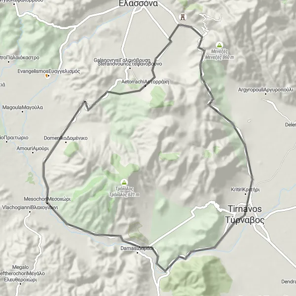 Map miniature of "Damasouli Circuit" cycling inspiration in Thessalia, Greece. Generated by Tarmacs.app cycling route planner