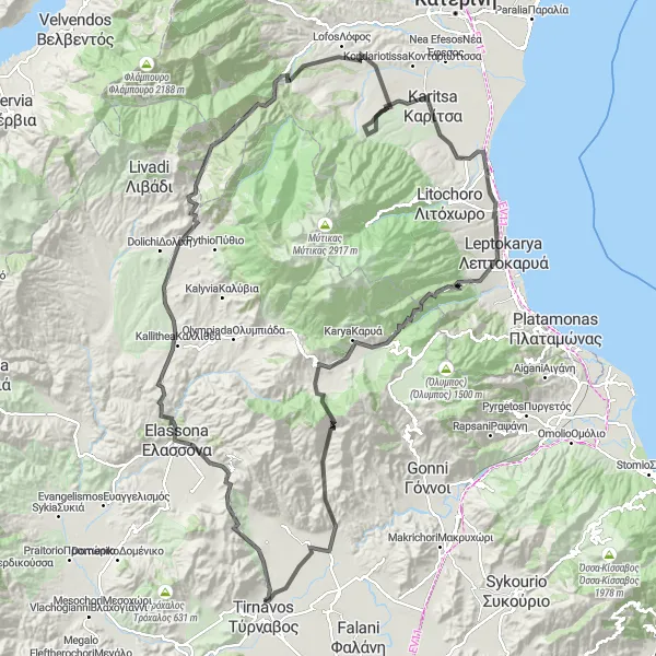 Map miniature of "The Elassona Adventure" cycling inspiration in Thessalia, Greece. Generated by Tarmacs.app cycling route planner