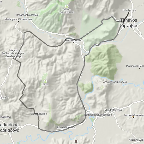 Map miniature of "The Mesmerizing Route" cycling inspiration in Thessalia, Greece. Generated by Tarmacs.app cycling route planner