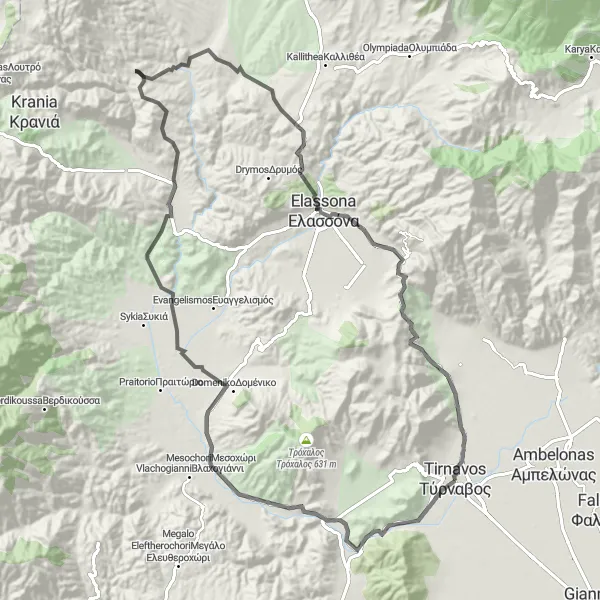 Map miniature of "The Tranquil Escape" cycling inspiration in Thessalia, Greece. Generated by Tarmacs.app cycling route planner