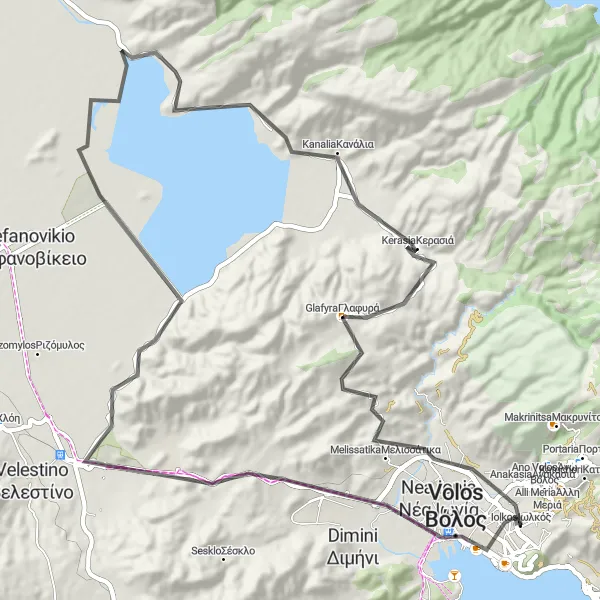 Map miniature of "Volos to Kerasia and Melissatika Circuit" cycling inspiration in Thessalia, Greece. Generated by Tarmacs.app cycling route planner