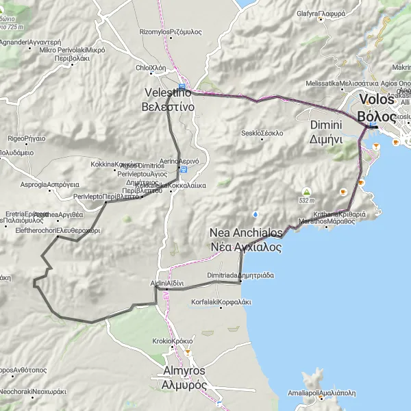 Map miniature of "Nea Anchialos to Velestino via Volos" cycling inspiration in Thessalia, Greece. Generated by Tarmacs.app cycling route planner