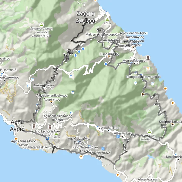 Map miniature of "Mountains and Coastal Beauty" cycling inspiration in Thessalia, Greece. Generated by Tarmacs.app cycling route planner