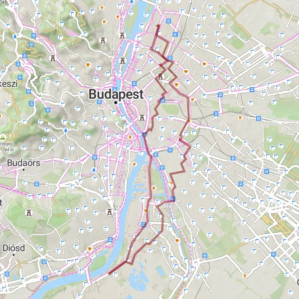 Map miniature of "Gravel Roller-Coaster" cycling inspiration in Budapest, Hungary. Generated by Tarmacs.app cycling route planner