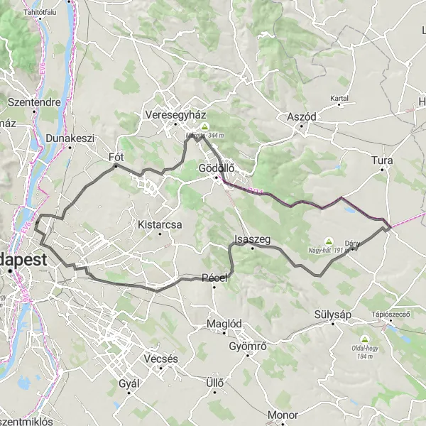 Map miniature of "Challenging Road Cycling Loop from Angyalföld" cycling inspiration in Budapest, Hungary. Generated by Tarmacs.app cycling route planner