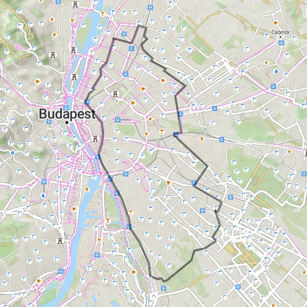 Map miniature of "City Road Escape" cycling inspiration in Budapest, Hungary. Generated by Tarmacs.app cycling route planner