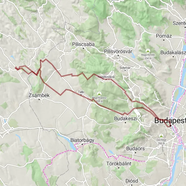 Map miniature of "Scenic Gravel Ride: Buda Hills and Elisabeth Lookout" cycling inspiration in Budapest, Hungary. Generated by Tarmacs.app cycling route planner