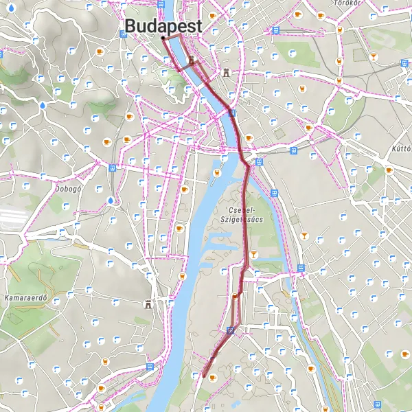 Map miniature of "Historic Budapest Gravel Tour" cycling inspiration in Budapest, Hungary. Generated by Tarmacs.app cycling route planner