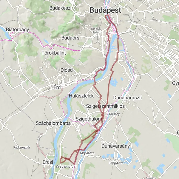 Map miniature of "Explore Budapest's Surrounding Villages" cycling inspiration in Budapest, Hungary. Generated by Tarmacs.app cycling route planner