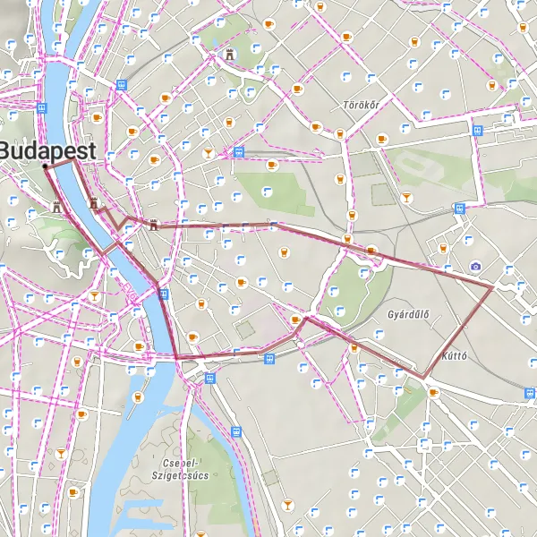 Map miniature of "Pest to Buda Castle Gravel Loop" cycling inspiration in Budapest, Hungary. Generated by Tarmacs.app cycling route planner