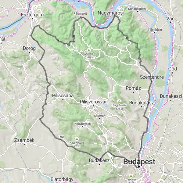 Map miniature of "Buda to Parliament via Visegrád" cycling inspiration in Budapest, Hungary. Generated by Tarmacs.app cycling route planner