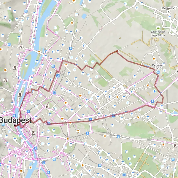 Map miniature of "Budapest Scenic Gravel Tour" cycling inspiration in Budapest, Hungary. Generated by Tarmacs.app cycling route planner