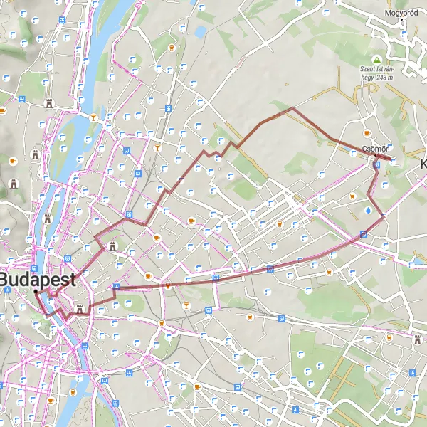 Map miniature of "Budapest Panoramic Gravel Tour" cycling inspiration in Budapest, Hungary. Generated by Tarmacs.app cycling route planner