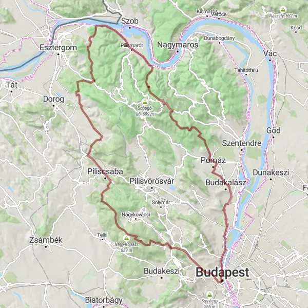 Map miniature of "Glorious Gravel Escape" cycling inspiration in Budapest, Hungary. Generated by Tarmacs.app cycling route planner