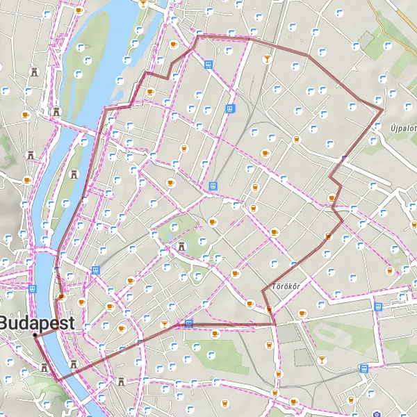 Map miniature of "Gravel Adventure near Józsefváros" cycling inspiration in Budapest, Hungary. Generated by Tarmacs.app cycling route planner