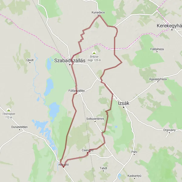 Map miniature of "Akasztó - Fülöpszállás - Kunadacs - Csengőd Gravel Cycling Route" cycling inspiration in Dél-Alföld, Hungary. Generated by Tarmacs.app cycling route planner