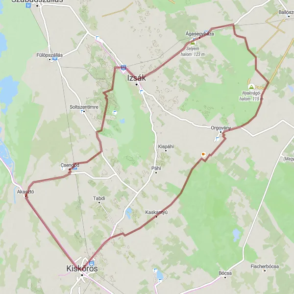 Map miniature of "Akasztó - Csengőd - Izsák - Selyem halom - Orgovány - Kiskőrös Gravel Cycling Route" cycling inspiration in Dél-Alföld, Hungary. Generated by Tarmacs.app cycling route planner