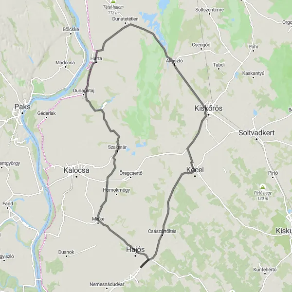 Map miniature of "Akasztó - Kiskőrös - Császártöltés - Hajós - Szakmár - Dunapataj Road Cycling Route" cycling inspiration in Dél-Alföld, Hungary. Generated by Tarmacs.app cycling route planner