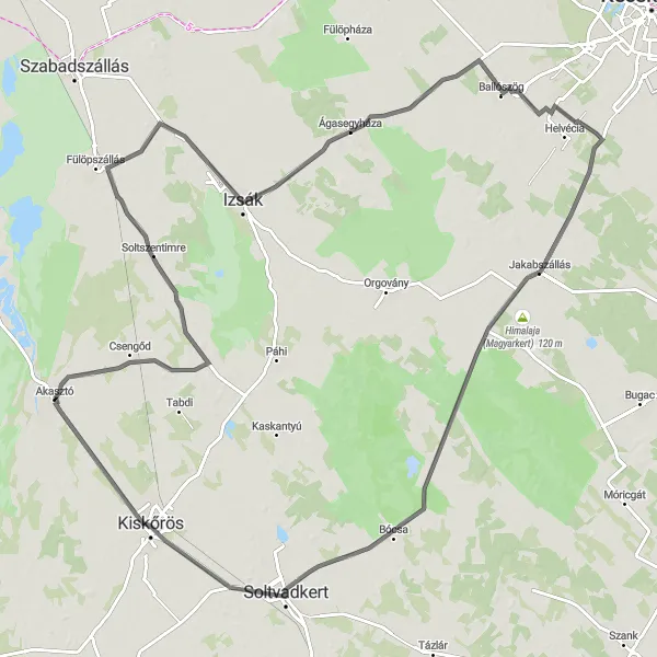 Map miniature of "Akasztó - Csengőd - Izsák - Selyem halom - Ballószög - Jakabszállás - Li-2-es repülőgép - Kiskőrös Road Cycling Route" cycling inspiration in Dél-Alföld, Hungary. Generated by Tarmacs.app cycling route planner