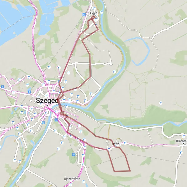 Map miniature of "Algyő and Surroundings" cycling inspiration in Dél-Alföld, Hungary. Generated by Tarmacs.app cycling route planner