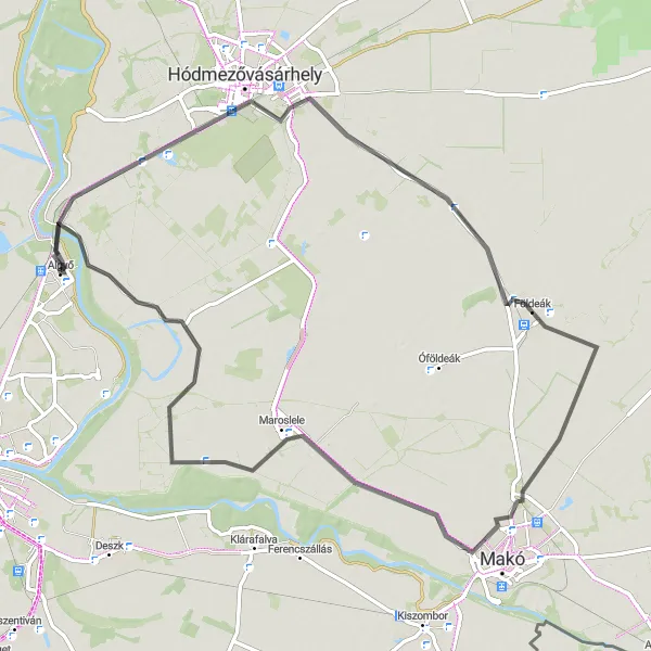 Map miniature of "Algyő to Földeák Loop" cycling inspiration in Dél-Alföld, Hungary. Generated by Tarmacs.app cycling route planner