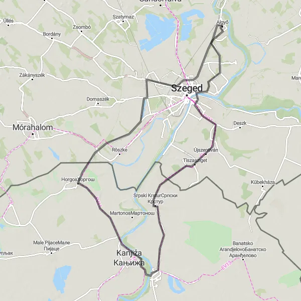 Map miniature of "Szegedi vasúti híd újszegedi hídfő" cycling inspiration in Dél-Alföld, Hungary. Generated by Tarmacs.app cycling route planner