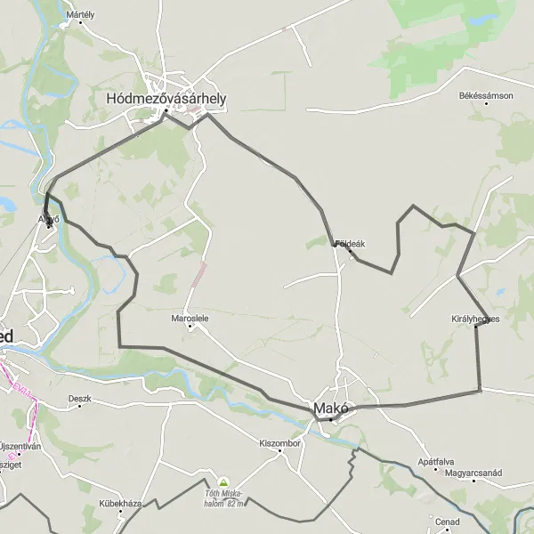 Map miniature of "The Road Cycling Tour" cycling inspiration in Dél-Alföld, Hungary. Generated by Tarmacs.app cycling route planner