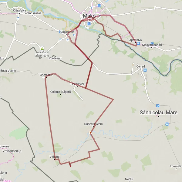 Map miniature of "Apátfalva to Makó Gravel Cycling Route" cycling inspiration in Dél-Alföld, Hungary. Generated by Tarmacs.app cycling route planner