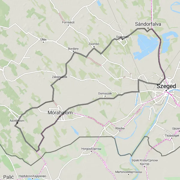 Map miniature of "Ásotthalom - Domaszék Cycling Route" cycling inspiration in Dél-Alföld, Hungary. Generated by Tarmacs.app cycling route planner