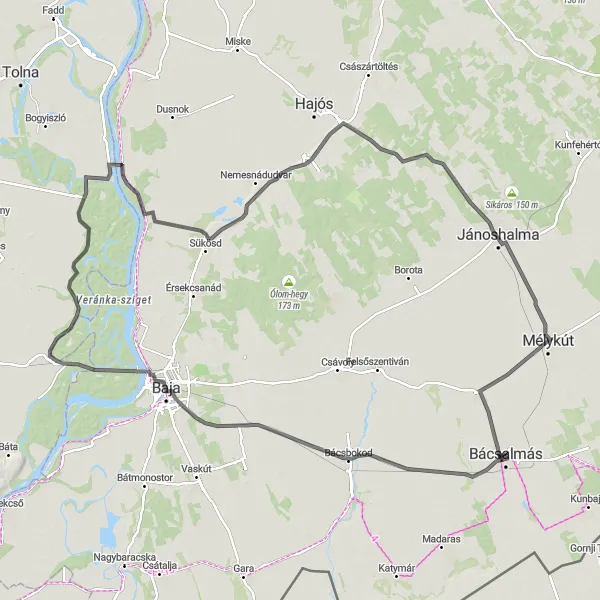 Map miniature of "Scenic Southern Route" cycling inspiration in Dél-Alföld, Hungary. Generated by Tarmacs.app cycling route planner