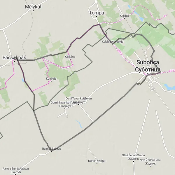 Map miniature of "Bácsalmás to Bajmok Adventure" cycling inspiration in Dél-Alföld, Hungary. Generated by Tarmacs.app cycling route planner