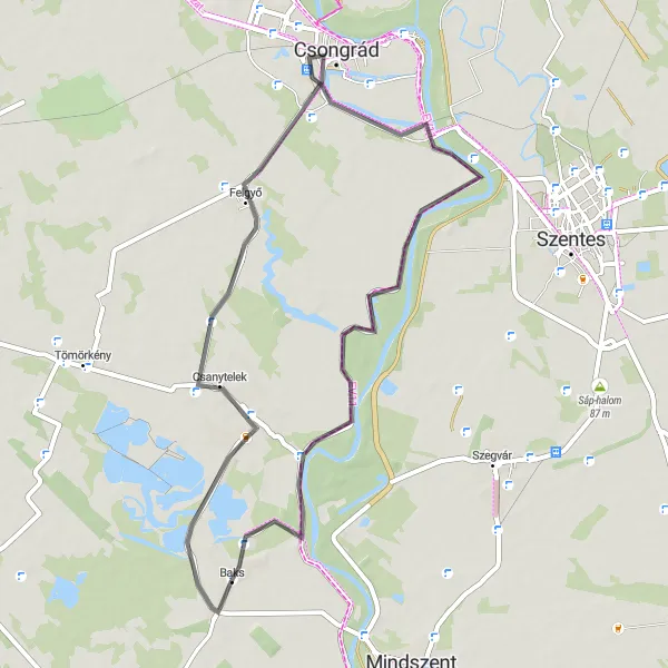 Map miniature of "Csanytelek Road Discovery" cycling inspiration in Dél-Alföld, Hungary. Generated by Tarmacs.app cycling route planner