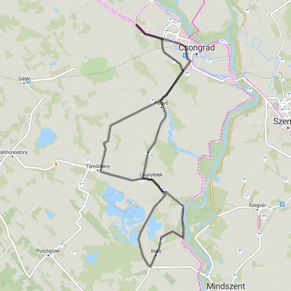 Map miniature of "Baks Loop Road Route" cycling inspiration in Dél-Alföld, Hungary. Generated by Tarmacs.app cycling route planner