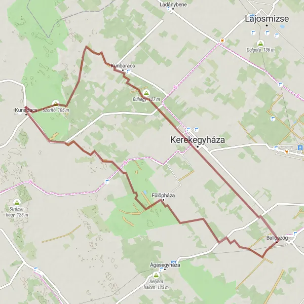 Map miniature of "Gravel Route through Fülöpháza, Kunadacs, Szorító, Kerekegyháza, and Ballószög" cycling inspiration in Dél-Alföld, Hungary. Generated by Tarmacs.app cycling route planner