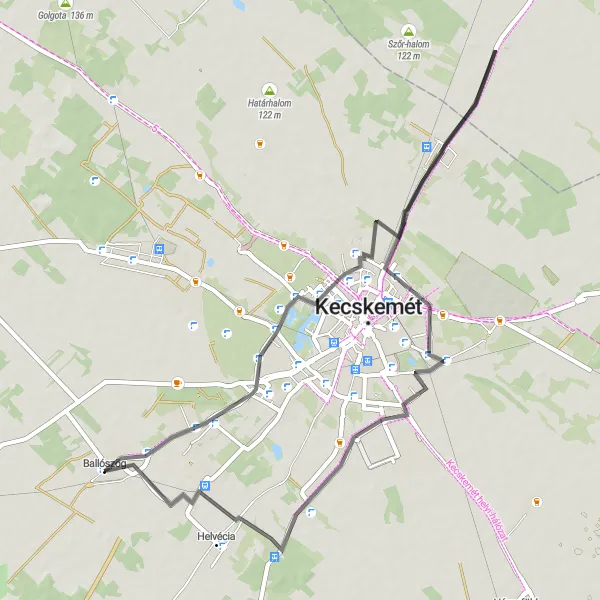 Map miniature of "Easy Road Route through Ballószög, Új Kilátó, Katonatelep, Hunyadiváros, and Halasi úti kiskertek" cycling inspiration in Dél-Alföld, Hungary. Generated by Tarmacs.app cycling route planner