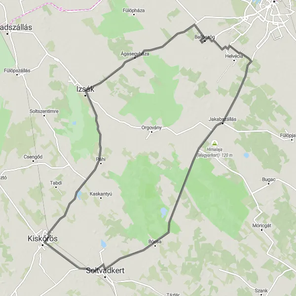 Map miniature of "Southern Loop" cycling inspiration in Dél-Alföld, Hungary. Generated by Tarmacs.app cycling route planner