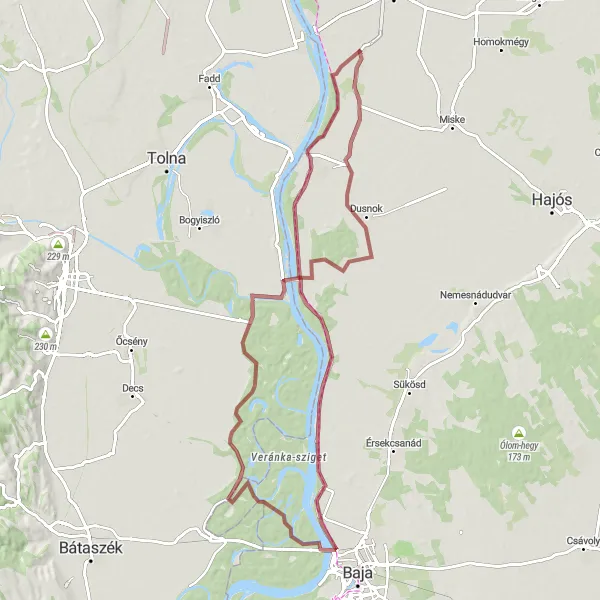 Map miniature of "Dunafürdő - Pihenőhely játszótérrel - Malomtelelő - Bátya Gravel Adventure" cycling inspiration in Dél-Alföld, Hungary. Generated by Tarmacs.app cycling route planner