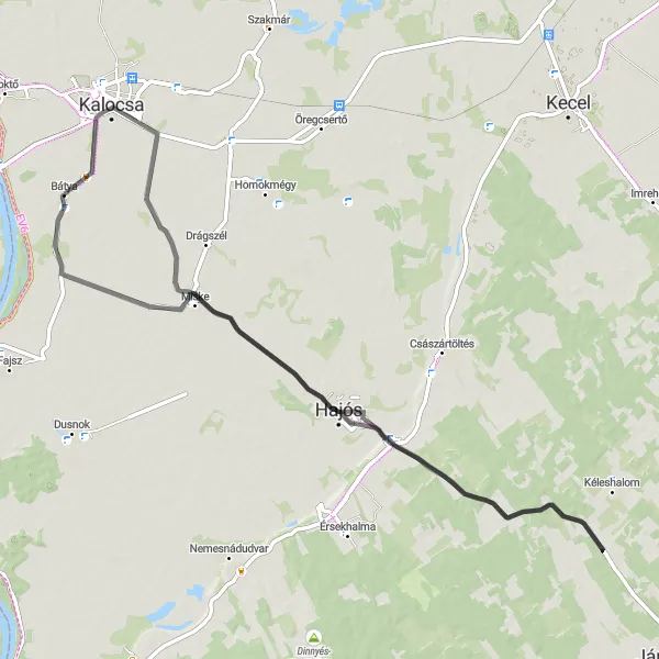 Map miniature of "Miske - Hajós - Pincefalu - Kalocsa Loop" cycling inspiration in Dél-Alföld, Hungary. Generated by Tarmacs.app cycling route planner
