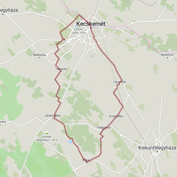 Map miniature of "Scenic Gravel Ride: Bugac to Fülöpjakab" cycling inspiration in Dél-Alföld, Hungary. Generated by Tarmacs.app cycling route planner