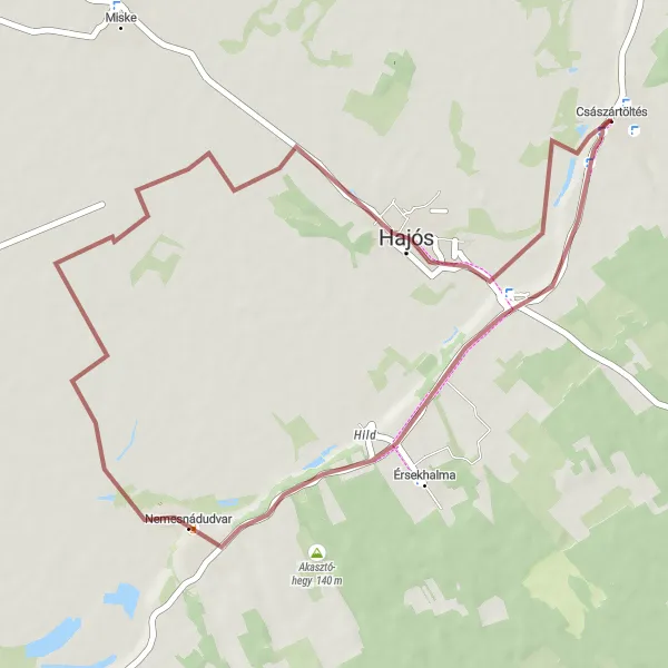 Map miniature of "Pincefalu-Nemesnádudvar-Hajós-Császártöltés Gravel Cycling Route" cycling inspiration in Dél-Alföld, Hungary. Generated by Tarmacs.app cycling route planner